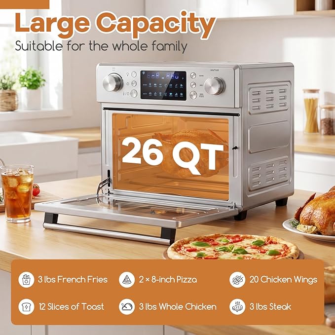 ARLIME 14-in-1 Air Fryer Toaster Oven Combo, 1700W Stainless Steel Countertop Convection Oven with Bake, Rotisserie, Dehydrate & Defrost Functions, 26 QT Large Capacity, 60-Minute Timer & Accessories