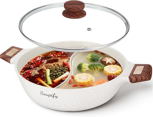 Soupify 5-QT Shabu Shabu Pot, Non-Stick Hot Pot with Divider, Dual Flavor Stockpot with Lid for Cooking, Perfect for Family and Friends Gathering