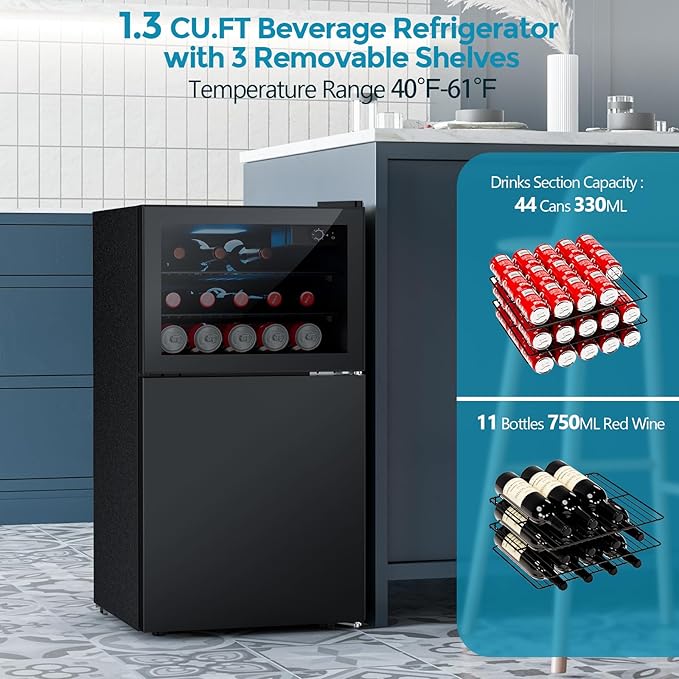 2.6 Cu.Ft Mini Fridge with Freezer, Compact Refrigerator with Upper Glass Door, Reversible Door & Adjustable Thermostat for Bedroom, Dorm, Office