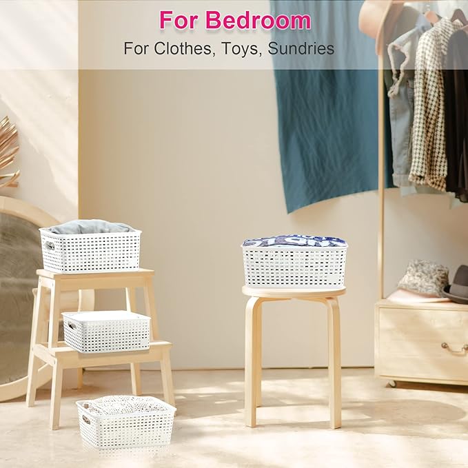 AREYZIN Plastic Storage Baskets Set of 6 Sturdy Pantry Organizers and Storage Bins Storage Container for Shelves, Countertops, Desktops, Cabinets, Bedrooms,White