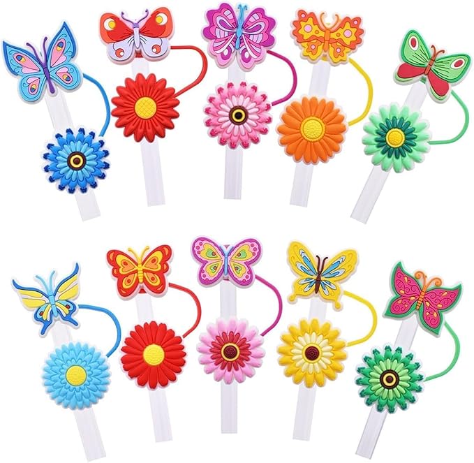 10Pcs Flowers Stanley Straw Topper, 10mm Silicone Straw Covers, Spring Butterfly Straws Topper for Stanley 40 Oz&30 Oz, Reusable Tumbler Cute Straws Cap Tips Lids Accessories