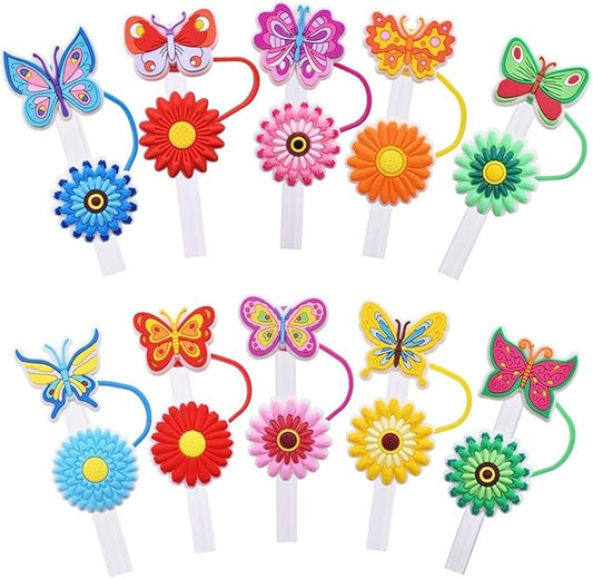 10Pcs Flowers Stanley Straw Topper, 10mm Silicone Straw Covers, Spring Butterfly Straws Topper for Stanley 40 Oz&30 Oz, Reusable Tumbler Cute Straws Cap Tips Lids Accessories
