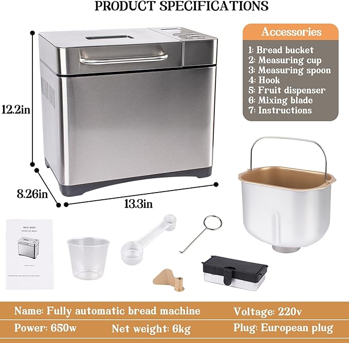 2.2LB Large Automatic Bread Machine, Professional Bread Maker with Nonstick Ceramic Pan and, 17 Smart Cooking Programs, 15 Hours Timer and 3 Loaf Sizes for Breakfast, Picnic