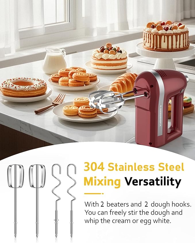 Z-DESDEMONA Electric Hand Mixer, Powerful 300W Hand Mixer Electric Handheld with 304 Beaters, Dough Hook, Hand Held Mixer with Turbo for Baking Cakes, Eggs, Cream Food(Red)