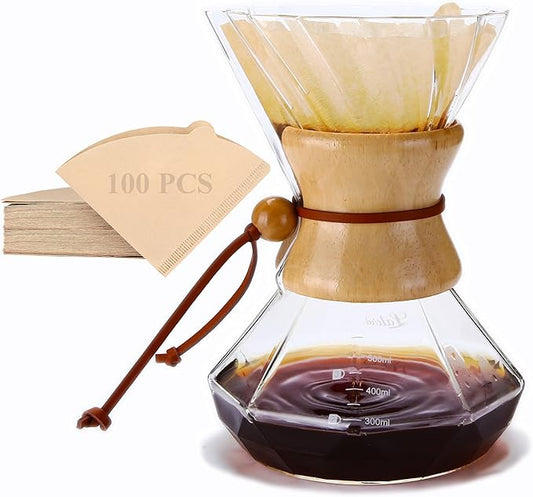 Lalord Pour Over Coffee Maker, 19 oz Borosilicate Glass Coffee Carafe with 100 PCS V60 Paper Filter, Wooden Collar & Cowhide rope, Glass Coffee dripper (Clear, 550 ml)