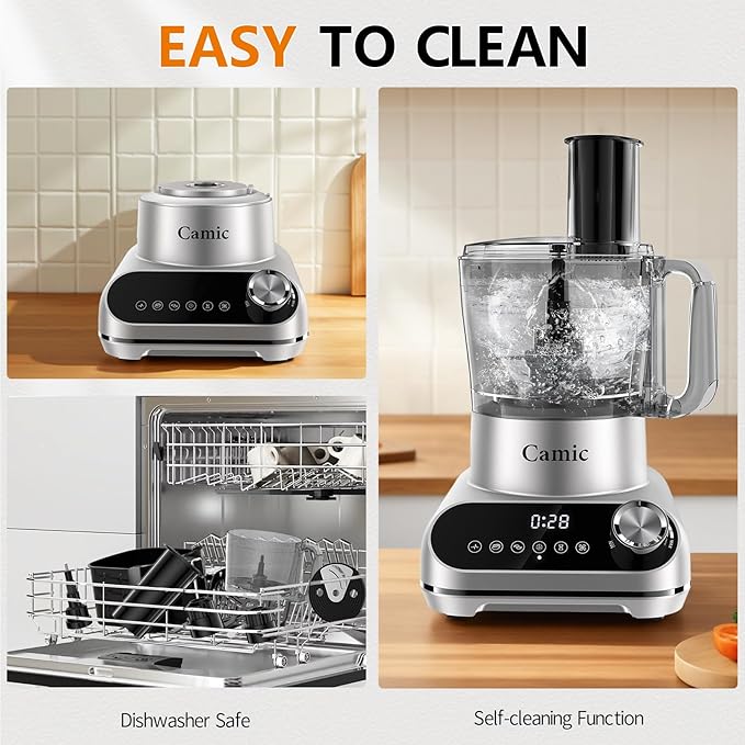 Camic Blender & Food Processor Combo,6 Functions for Smoothies,Chopping,Slicing,Shredding,Grinding,Dough,72-oz.Blender Pitche,64-oz. Processor Bowl,To-Go Cup,Grinder Cup (Silver-Upgraded Version)