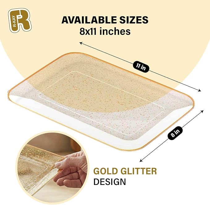 3 Pack Gold Glitter Plastic Serving Trays for Party - Gold Glittered Serving Tray 8 x 11 Inch - Heavy Duty Dessert Trays for Food - Rectangular Party Serving Trays for Entertaining