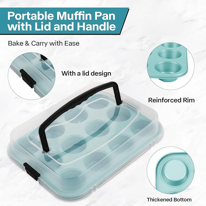 Spmarkt Blue 12-Cup Muffin Pan with Lid, 2-Pack Metal Cupcake Pan with Handle, Portable Blue Muffin Pans Nonstick 12 with Cover Ideal for Easy Carrying, Holiday, Party and Travel