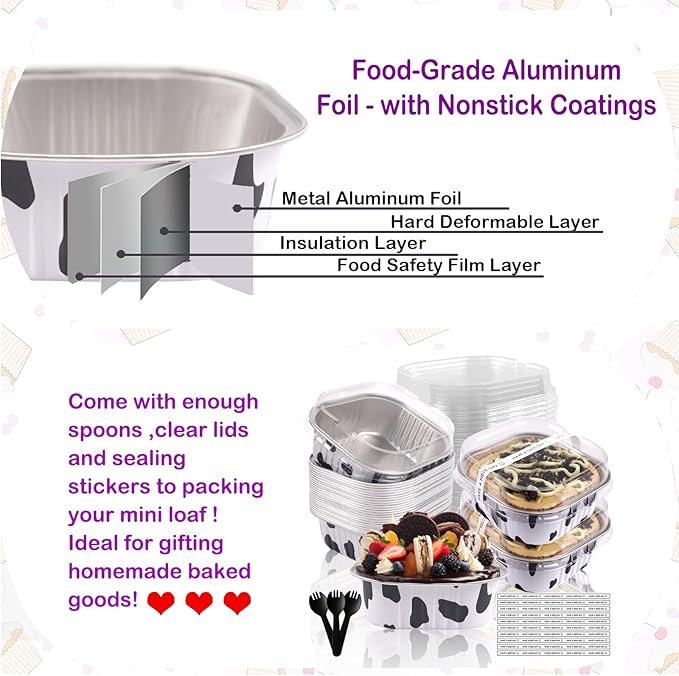 BZIDII 10oz Mini Cake Pans With Lids 50 Pack Aluminum Foil Square Brownie Baking Cups,4”x4” Disposable Loaf Pans With Lids and Spoons Stickers,Large Cupcake Pans Muffin Cake Tins Container(Cow Print)