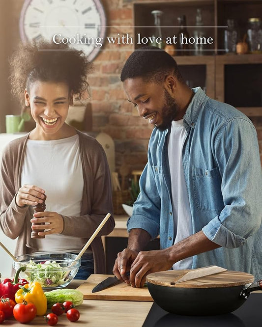 BIELMEIER Wok Pan 12.5", Stir Fry Pan with Lid, Gloves & Cookware Accessories, Carbon Steel, Suitable for All Stoves (Flat Bottom)