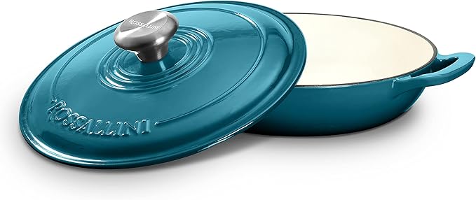 ROSSALLINI Signature Enameled Cast Iron Braiser, Non-Stick Serving Pot with Tight Fitting Lid for Perfect Roasting, Baking, Sauteing, Searing, and Pan Frying | 2.25Q (2.1L) - Ocean Blue