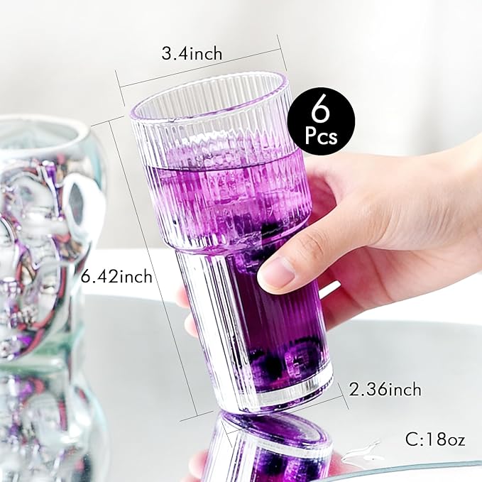 Etolies 6 Pack Ribbed Glass Tumblers, 18oz Glass Cups, Highball Glasses,Clear Glassware, Drinking Glasses for Iced Coffee, Water, Juice,Cocktails, Barware,Beer, Iced Tea & Gifts for Dad