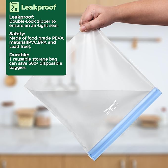 SPLF 6 Pack Stand-Up Reusable Gallon Freezer Bags Dishwasher Safe, Extra Thick 1 Gallon Leakproof Food Storage Bags, BPA and Silicone Free Freezer Bags for Meal Prep, Bread, Veggies, Home Organization