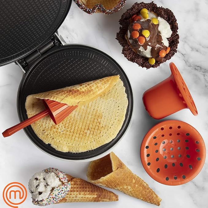 MasterChef Waffle Cone and Bowl Maker- Includes Shaper Roller & Bowl Press- Homemade Ice Cream Cone Treat Baking, Cookie Iron Machine, Portable Electric Kitchen Appliance for DIY Sundae Parties, Gift