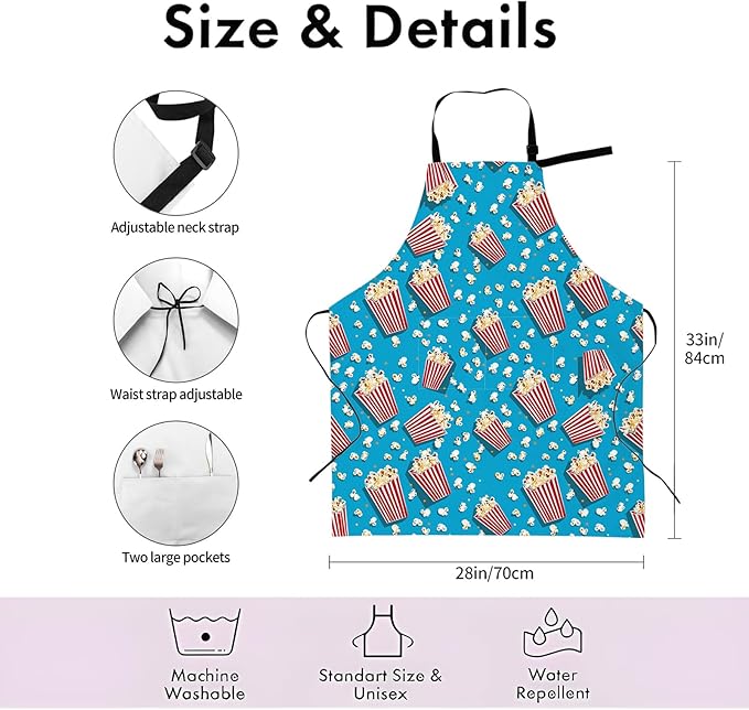 Popcorn Movie Apron,Adjustable Waterproof Oxford Fabric Kitchen Apron with 2 Pockets for Men and Women, Cooking, Baking, BBQ, Coffee Shop, Housewarming Gifts, 28x33 Inches