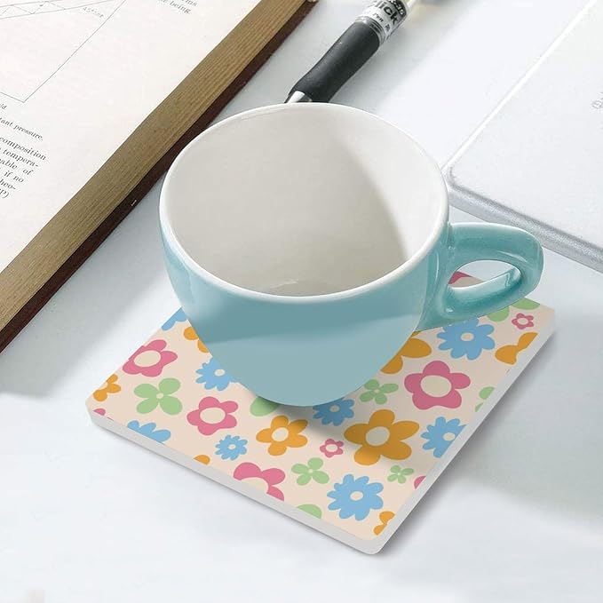 Floral Drink Coasters, Square Ceramic Drink Coaster Square-6PCS, Cartoon 70s Cute Flower Abstract Pastel Daisy Floral Decor Absorbent Ceramic Coasters for Beverage Cup, Bar, Coffee Table