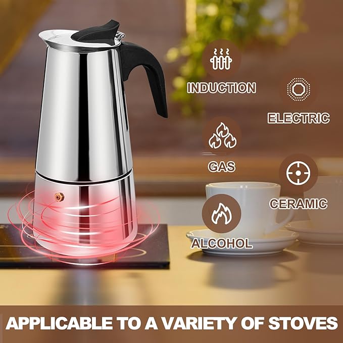 DITOSH 6 Cup Stovetop Espresso Maker Stainless Steel Moka Pot Stove Top Percolator Italian Coffee Makers Capable Mocha Greca Machine Cafe Classic Induction Cookers for Home and Camping 300ml 10oz