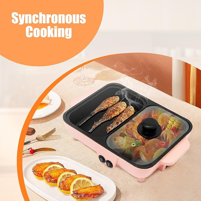 2 in 1 Electric Hot Pot with Grill, Non-Stick Electric Hot Pot and Frying Pan Fast Heating Baking Pan Multifunctional Nonstick Griddle for BBQ, Steaks, Noodles & More
