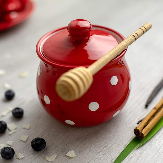 City to Cottage Ceramic Sugar Bowl with Lid, 10oz Sugar Contanier for Coffee Bar, Sugar Dispenser Bowl, Salt - Condiment Pot for Kitchen Counter, Handcrafted Red Polka Dot Sugar Jar