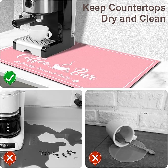 Absorbent Coffee Mat, Fashion Dish Drying Mat for Kitchen Counter Coffee Bar Accessories Espresso Machine Dish Rack 17" x 32" Pink