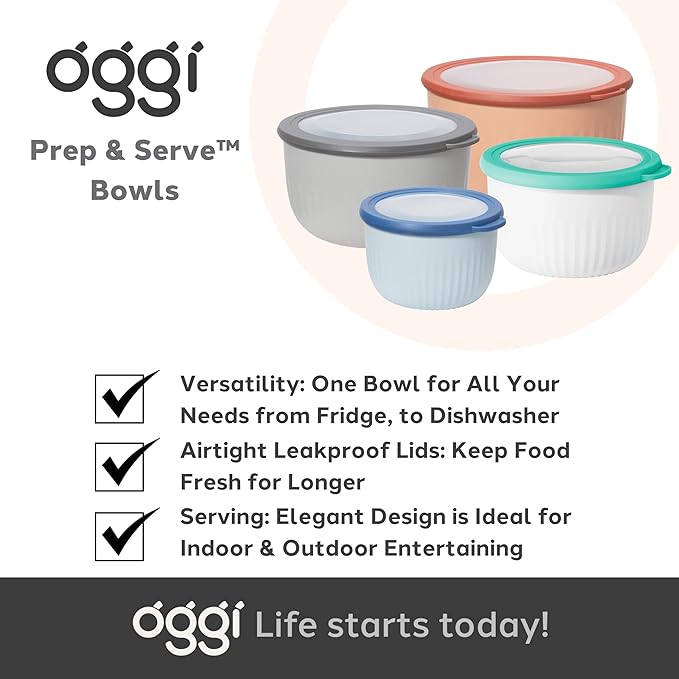 Oggi Prep, Store & Serve Plastic Bowl w/See-Thru Lid- Dishwasher, Microwave & Freezer Safe, (0.7 qt) Blue w/Dk Blue Lid