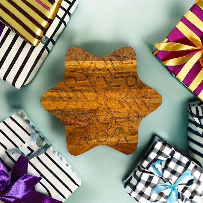 Treen Art Wood Cutting Board for Kitchen Star Shaped Wooden Cutting Board with Grooves, Christmas Decorative cutting board for Cheese and Charcuterie Serving Platter 11"L x 11"W