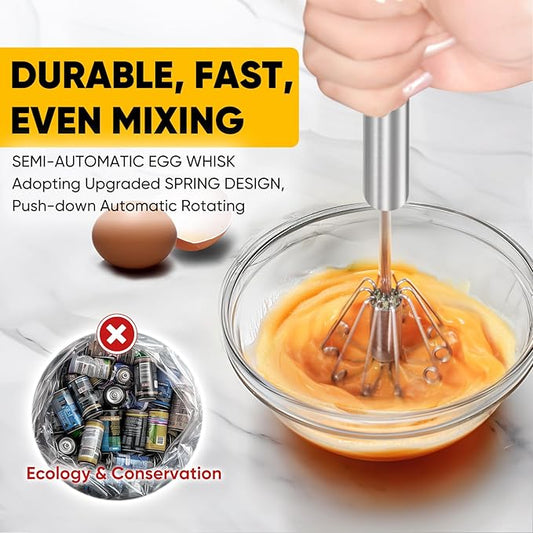 OOKUU Stainless Steel Egg Whisk, Whizzy Whisk, Semi Automatic Wisk Blender for Home - Versatile Tool for Egg Beater, Hand Push Blender, for Blending, Beating & Stirring (2Pack 12in)