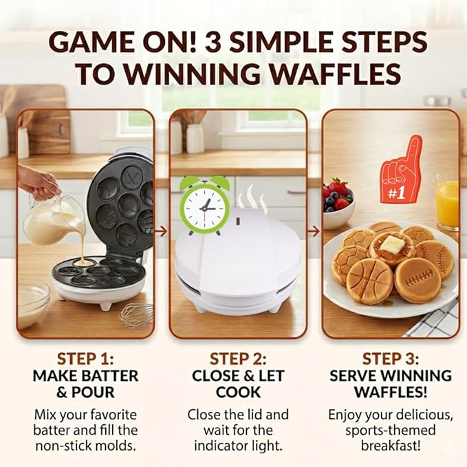 Sports Waffle Maker- Make Breakfast a Slam Dunk- Bakes 7 Themed Pancakes Including Football, Baseball, Basketball, Soccer, Tennis & More- Electric Nonstick Waffler with Recipe Guide- Kids Morning Fun
