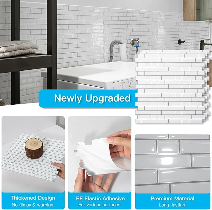 Art3d 10-Sheet Heavy-Duty Peel and Stick Backsplash, Waterproof Wall Tiles Stick on Kitchen Backsplash Living Space, White with Gray Grout