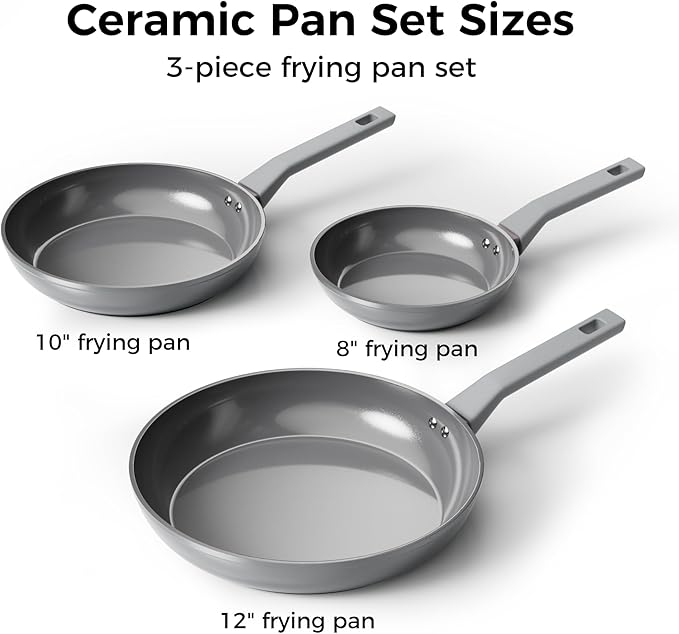 Sanho Diamond-Titanium Ceramic Frying Pan Set (8+10+12 Inch), Non Stick Frying Pan Set PFAS PFOA PTFE Free, Dishwasher Safe & Induction Compatible Cookware Set with Cool Bakelite Handle, Gray
