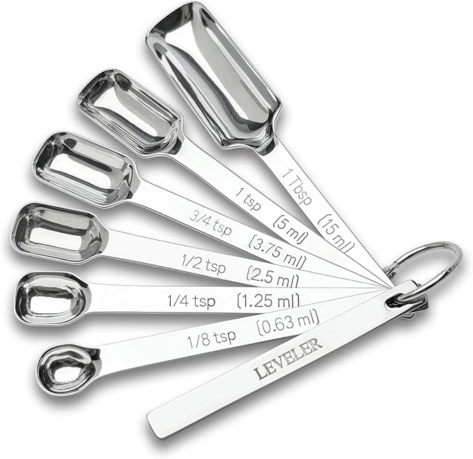 Stainless Steel Measuring Spoons Set of 7 with Leveler, Long Handle Rectangular Metal Teaspoon Tablespoon for Measuring Kitchen Spice, Dry & Liquid Ingredients