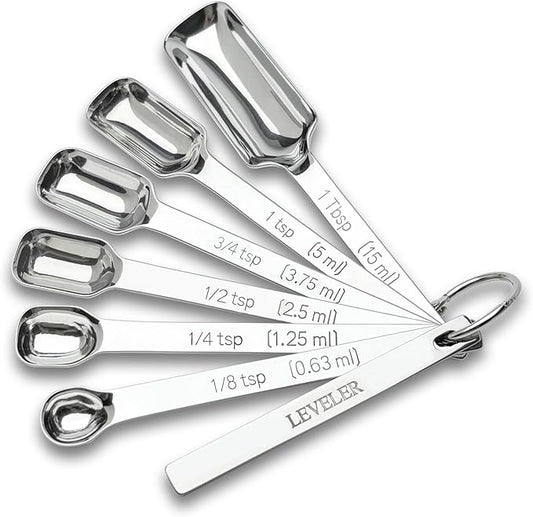 Stainless Steel Measuring Spoons Set of 7 with Leveler, Long Handle Rectangular Metal Teaspoon Tablespoon for Measuring Kitchen Spice, Dry & Liquid Ingredients