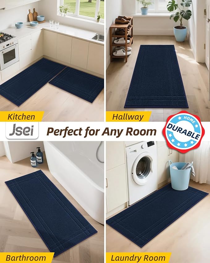 JSEI Kitchen Mats for Floor, Non-Slip Kitchen Rugs, Soft Washable Absorbent Kitchen Mats 2 PCS, Kitchen Runner Rug with TPR Backing, Polyester, 24"x36"+24"x60", Navy Blue