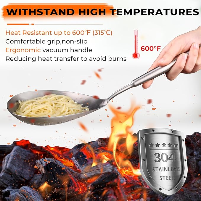 MARTE Skimmer Slotted Spoon, 304 Stainless Steel Pasta Spider Strainer Ladle Skimmer Spoon - Kitchen Cooking Colander Spider Strainer Spoon with Long Handle for Cooking, Draining, Frying, 14.8 Inch