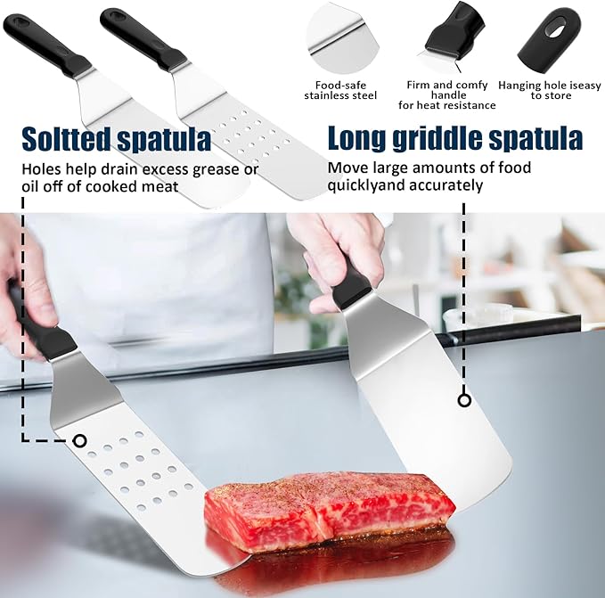 Griddle Accessories Kit, 18PCS Grill Spatula Set for Blackstone and Camp Chef, Flat Top Grill Accessories Set with Enlarged Spatulas, Basting Cover, Scraper for Outdoor BBQ