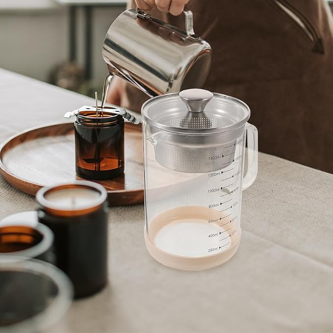 Kichvoe Glass Pitcher: Food Strainer Soy Milk Filter Teapot With Fine Mesh Filter And Lid For Milk Juice Water Tea Beverages- 1500 Ml