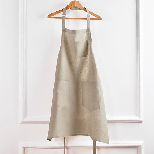 Solino Home Linen Bib Apron for Men & Women - 33 x 30 Inch Kitchen Apron with Front Pockets - Handcrafted from European Flax