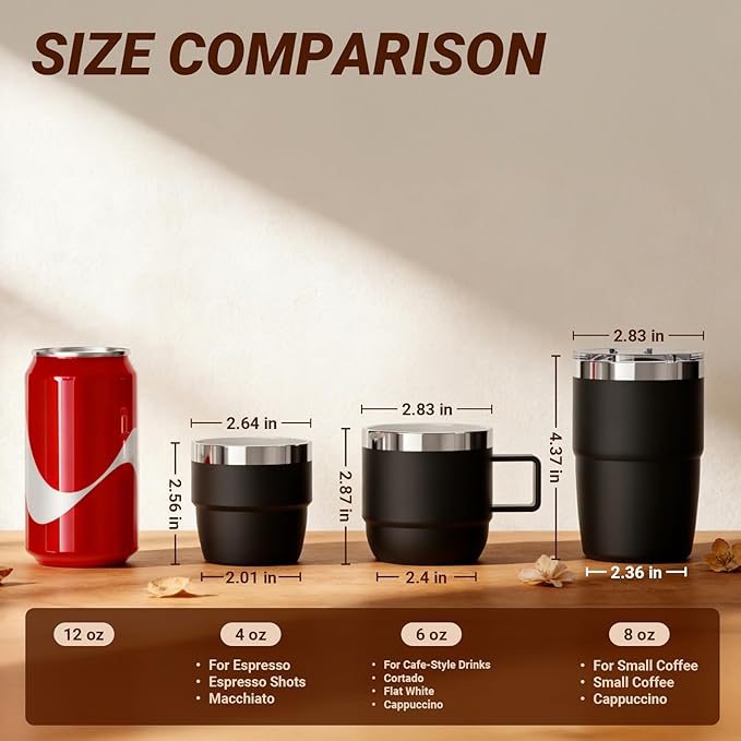 4 oz Small Espresso Cup, Ceramic-Lined 18/8 Stainless Steel, Double-Wall Vacuum Insulated, Stackable, Dishwasher Safe, Fits Most Espresso Machines, for Espresso Shots (Black, 2 Pack)