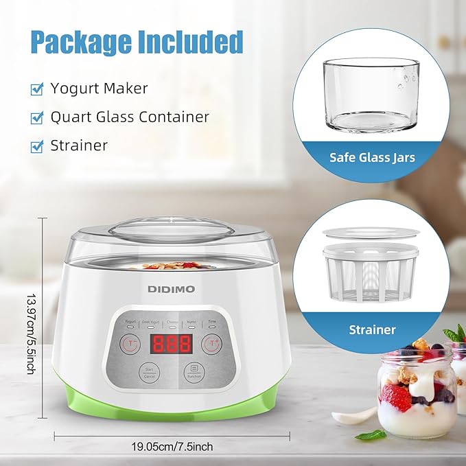 1.37QT Yogurt Maker Machine with Glass Bowl, Automatic Electric Greek Yogurt Maker with 24H Timer & Constant Temperature Control, 3-in-1 Probiotic Maker for Natto & Rice Wine