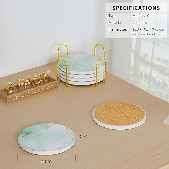 6Pcs/Set Marble Abstract Ceramic Coasters with Holder, Absorbent Drink Coasters, Coffee Cup Coaster,Round Ceramic Table Coasters Set Decorative
