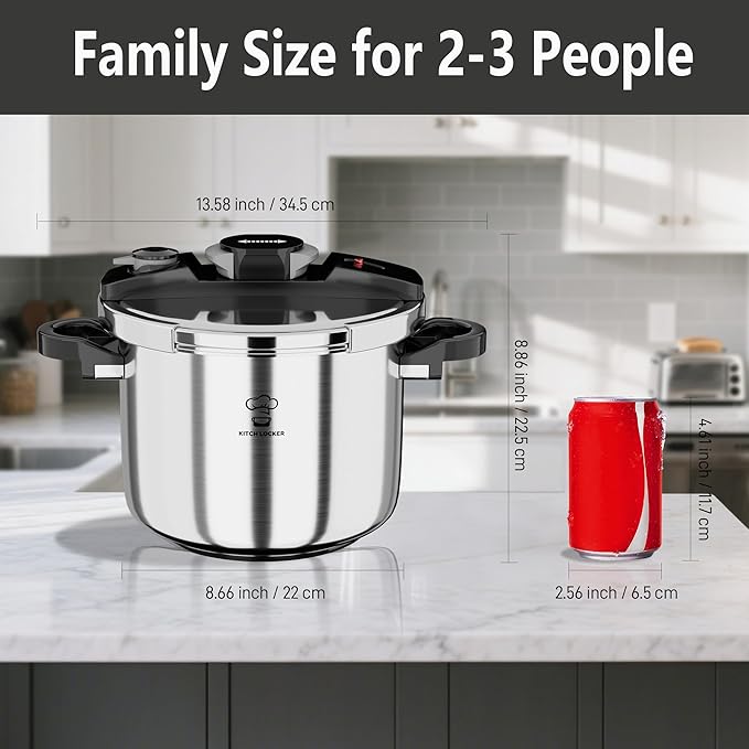 KitchLocker Pressure Cooker Stainless Steel 6.3 Quart,Olla De Presion For 2-3 People[Glass Lid & Steamer Rack Included][Press To Open][Compatible With Induction And Gas Stovetops]