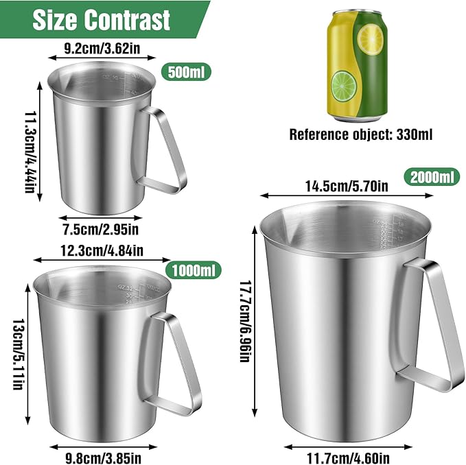 3 Pcs Stainless Steel Measuring Cups Set Metal Pitcher with Handle and Pour Spout Marked Pitcher for Latte Art Kitchen Bar 16oz/32oz/64oz (2/4/8 Cup)
