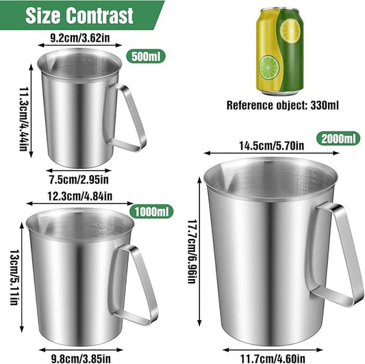 3 Pcs Stainless Steel Measuring Cups Set Metal Pitcher with Handle and Pour Spout Marked Pitcher for Latte Art Kitchen Bar 16oz/32oz/64oz (2/4/8 Cup)