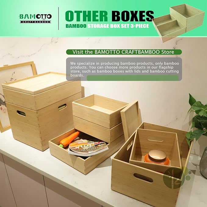 3-Piece Large Bamboo Storage Box Set - 7.1in High Stackable Deep-Drawer Organizer, Lidless Bamboo Bin for Kitchen Cutlery Utensils Knives (14.6"x10.2"x7.1"*1 + 10.2"x7.3"x3"*2)