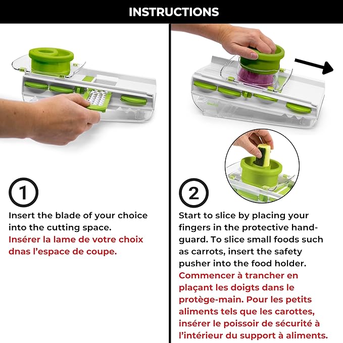 Starfrit Easy Mandoline Slicer, Dicer - 5-Blades and Graters - Straight & Crinkle Blades, Julienne, Grater & Shredder - Self-Feeding Pusher - Catch Base for Storage and Food Container