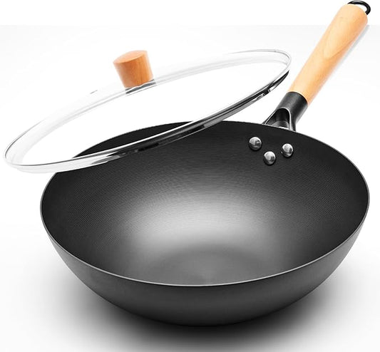 VIVIDCOOKWARE 12.6" Carbon Steel Wok Pan, Flat Bottom Stir Fry Wok with Spiral Thread Interior, Coating‑Free Naturally Seasoning Wok, Compatible with Gas, Electric & Induction Cooktops