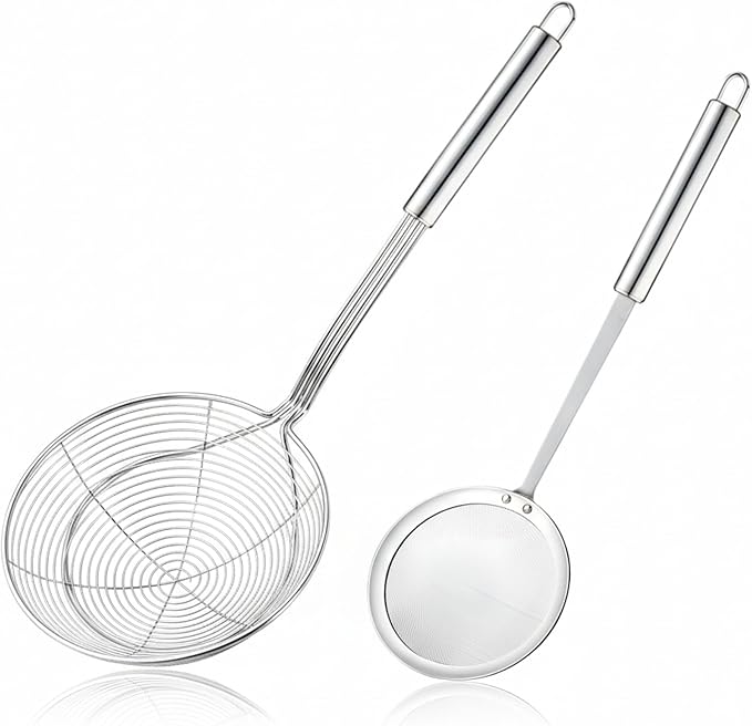 Stainless Steel Spider Strainer, 6.3" Asian Wire Skimmer Ladle for Cooking Frying Food Pasta Spaghetti Noodle Hot Pot, Stay Cool Handle with Hook for Easy Storage, Food Recipe Ebook Included