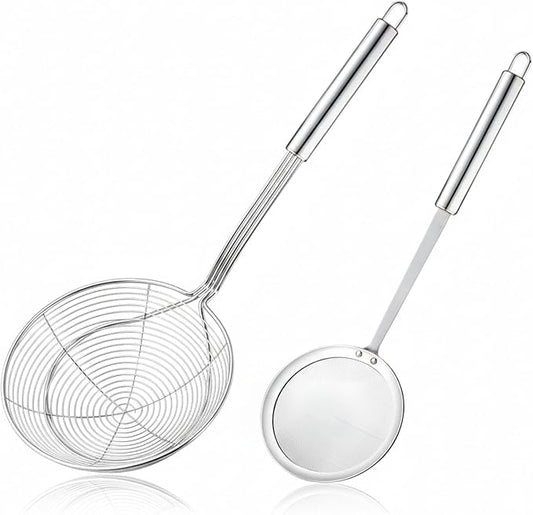 Stainless Steel Spider Strainer, 6.3" Asian Wire Skimmer Ladle for Cooking Frying Food Pasta Spaghetti Noodle Hot Pot, Stay Cool Handle with Hook for Easy Storage, Food Recipe Ebook Included