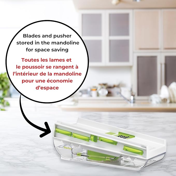 Starfrit Easy Mandoline Slicer, Dicer - 5-Blades and Graters - Straight & Crinkle Blades, Julienne, Grater & Shredder - Self-Feeding Pusher - Catch Base for Storage and Food Container