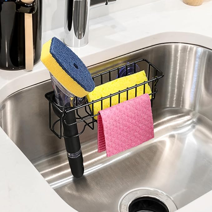 3-In-1 Sponge Holder for Kitchen Sink, 2 Type Suspension Options (Suction Cups & Adhesive Hook), Hanging Sink Organizer Rack - Sponge, Dish Cloth, Brush, Scrubber, 304 Stainless Steel - Black